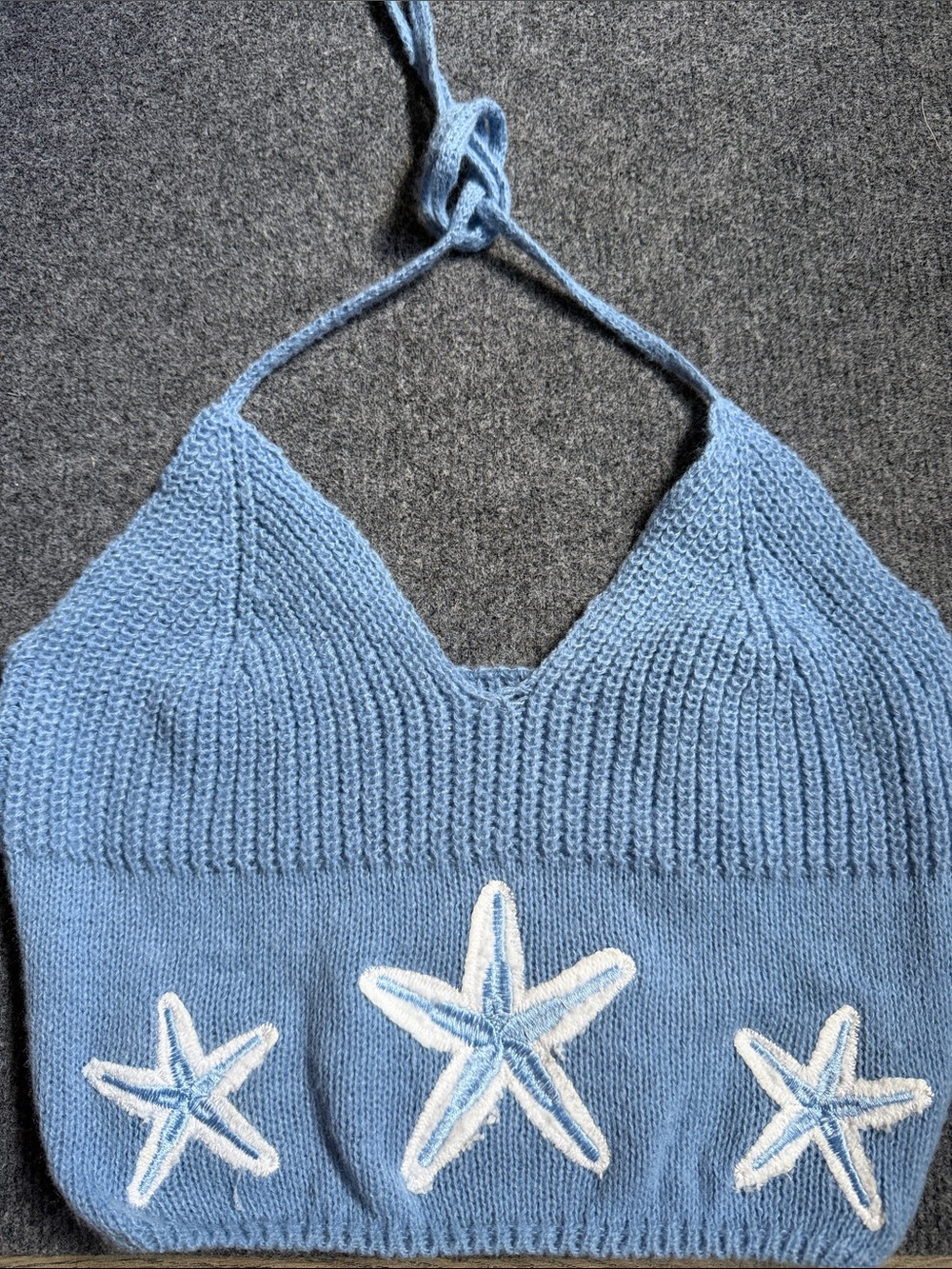 ROMWE Light Blue Knit Halter Crop Top with White Star Patches